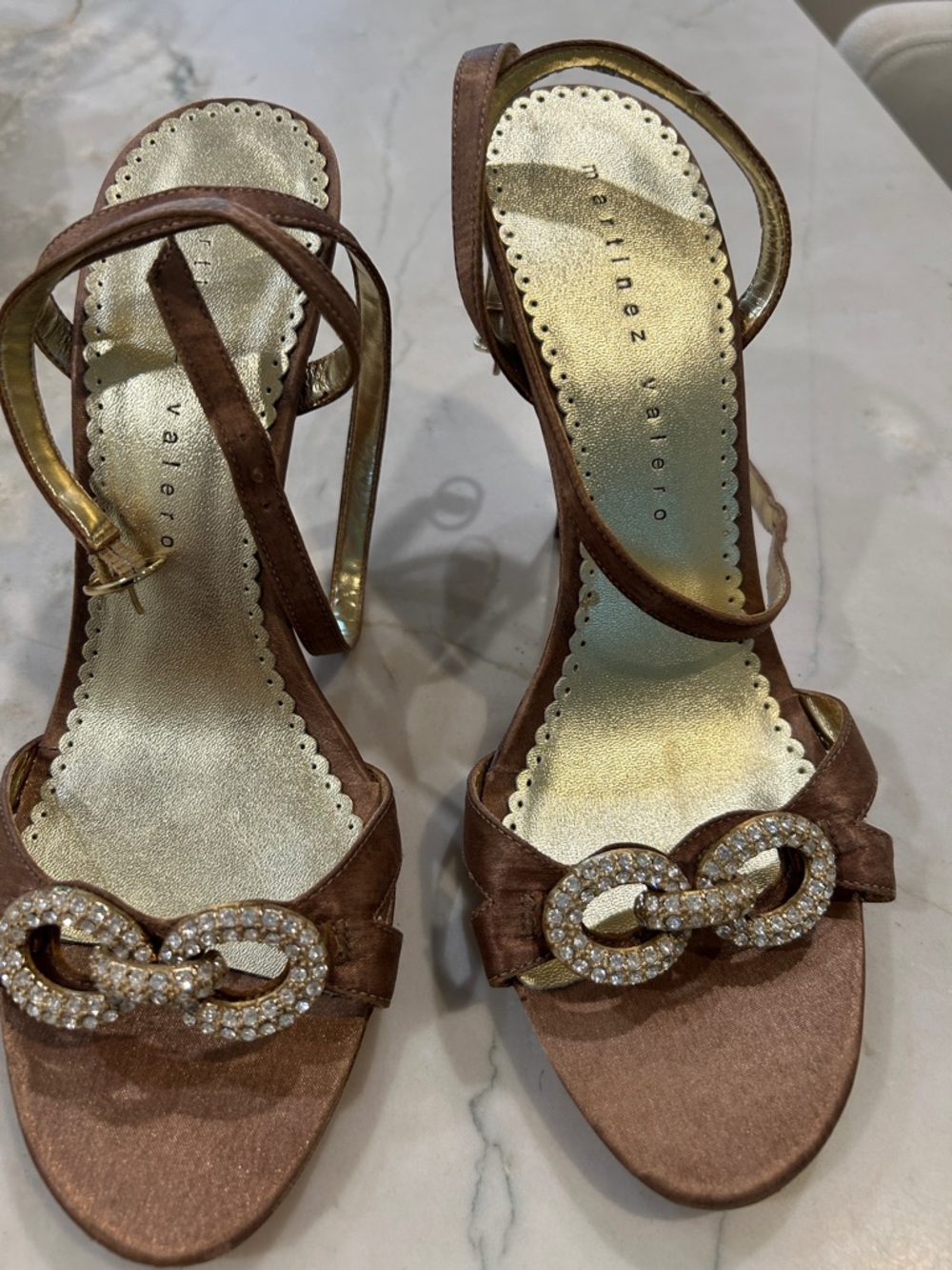 Martinez Valero Bronze Satin Heeled Sandals with Crystal and gold Link